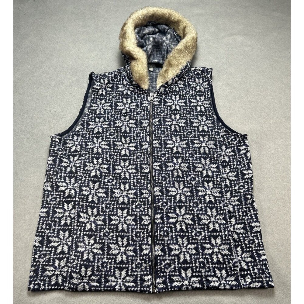 Talbots Womens Sleeveless Vest Fleece Lined Size 1X Snowflake Faux Fur Trim Hood